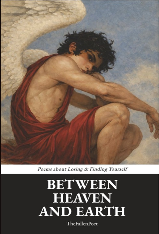 Cover of Between Heaven And Earth: Poems about Losing and Finding Yourself, showing a seated winged figure