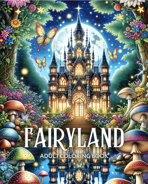 Colorful cover of Fairyland Adult Coloring Book, showing an illuminated fantasy castle, flowers, butterflies, and mushrooms