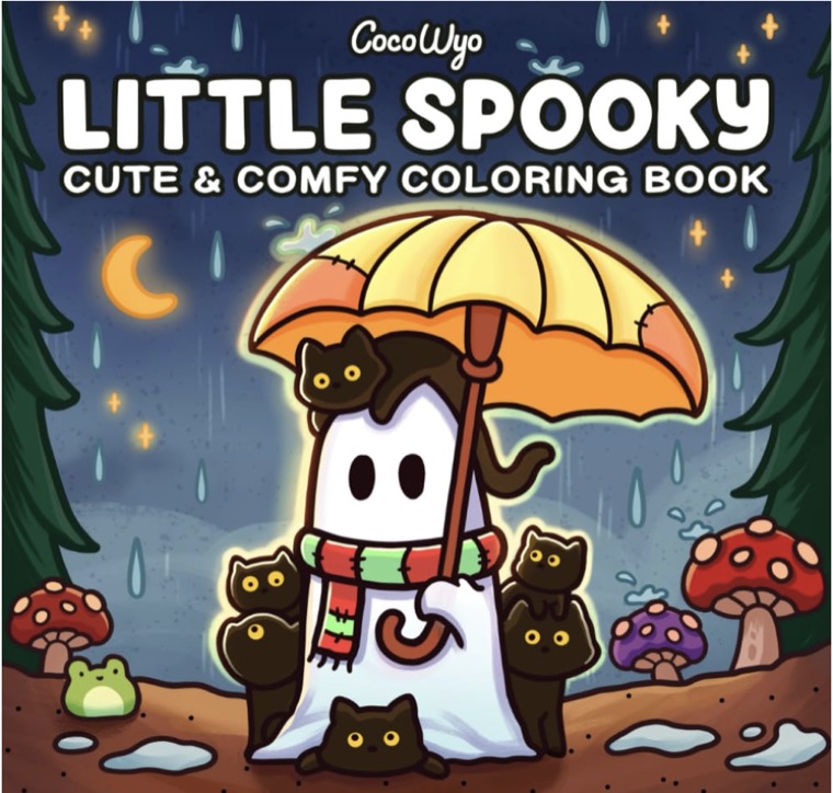 Colourful cover of Little Spooky by Coco Wyo, featuring a ghost, cats, an umbrella and mushrooms