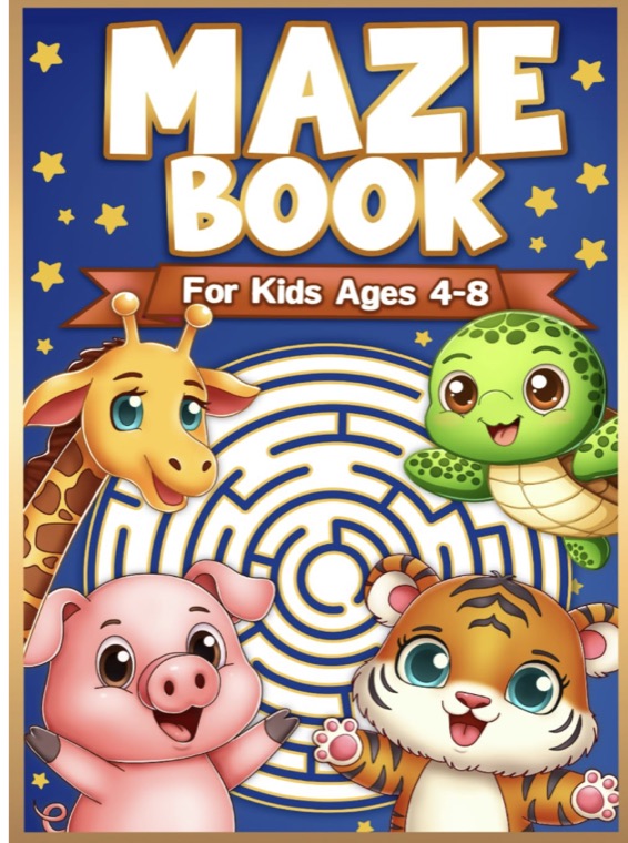 Colourful cover of Maze Book for Kids Ages 4-8, with a maze and illustrated animals