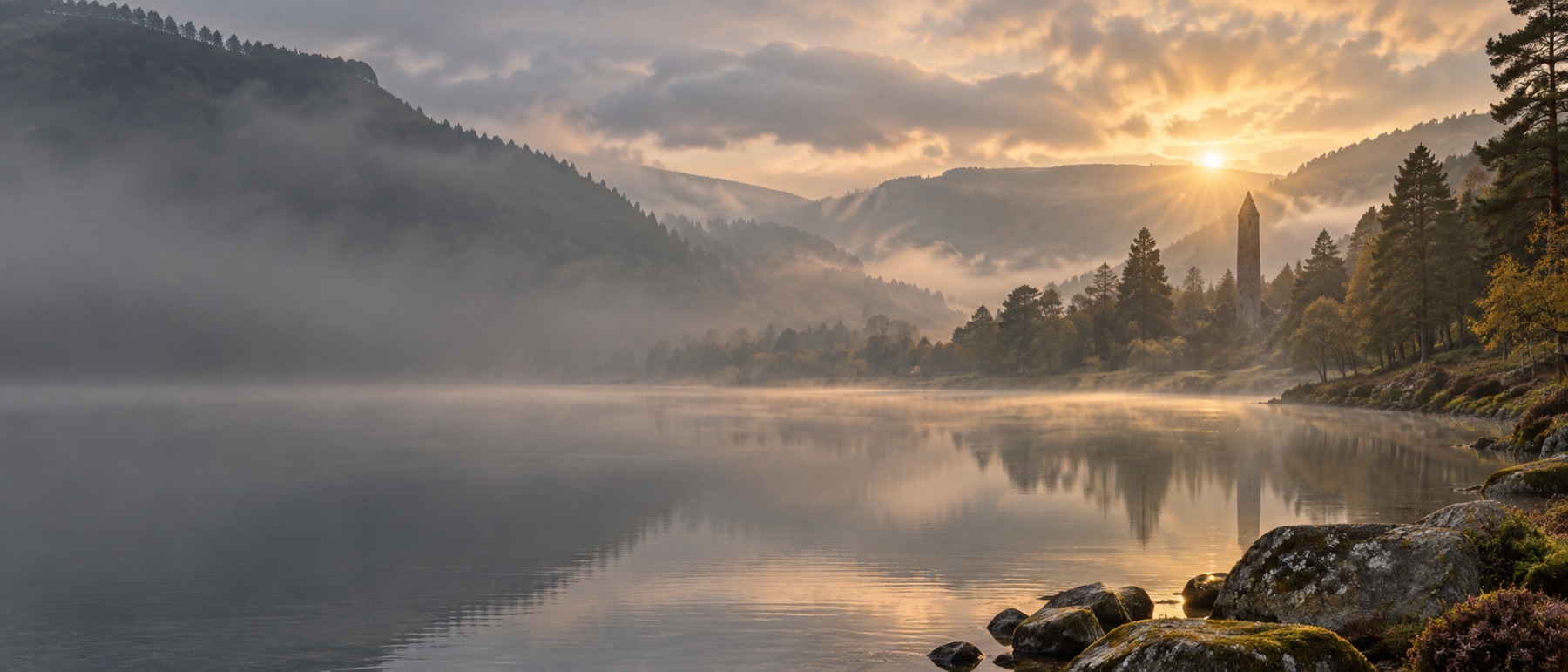 Misty Irish valley and lake at dawn with a distant round tower