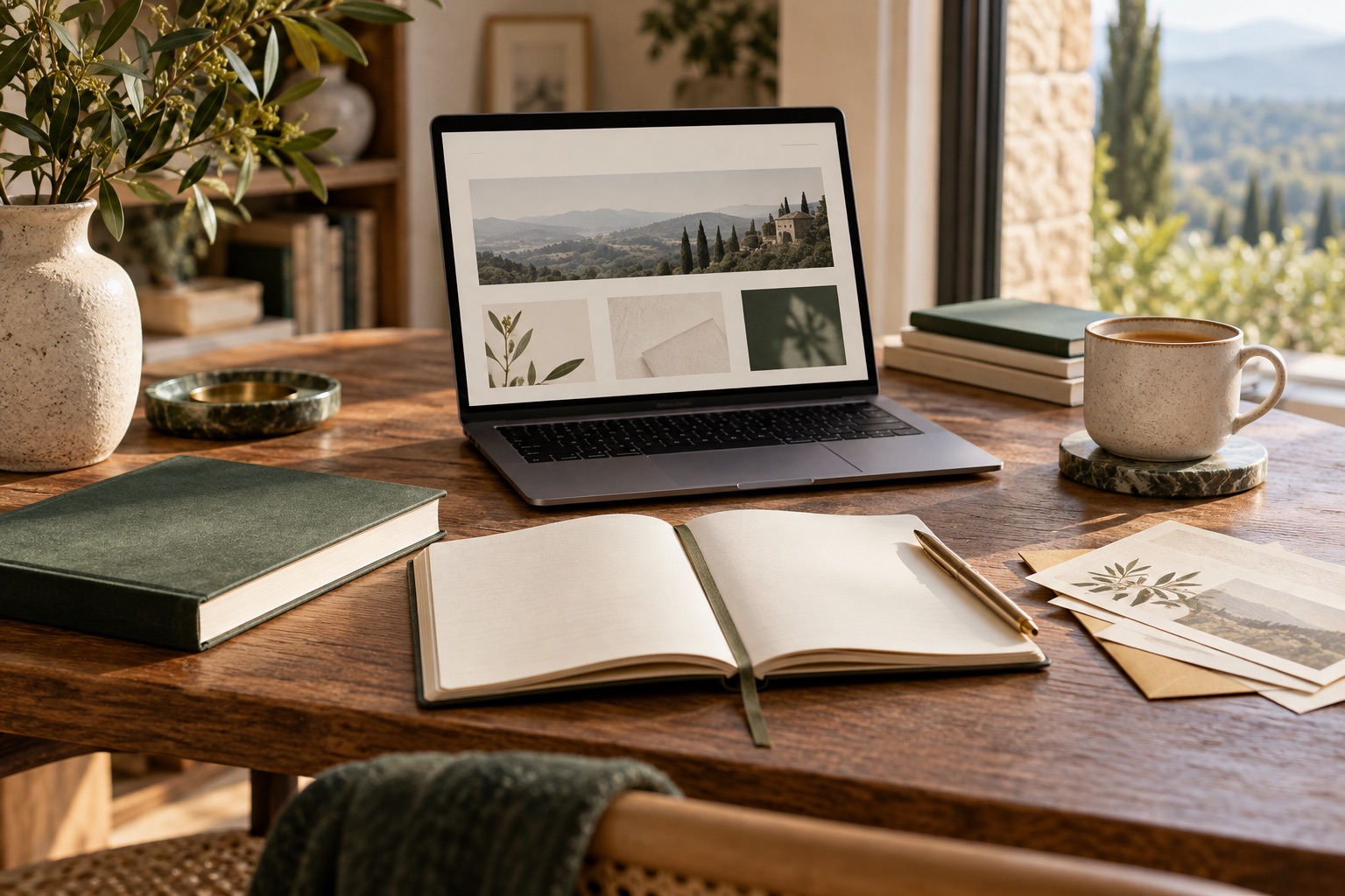 Author workspace with a book, notebook and website on a laptop