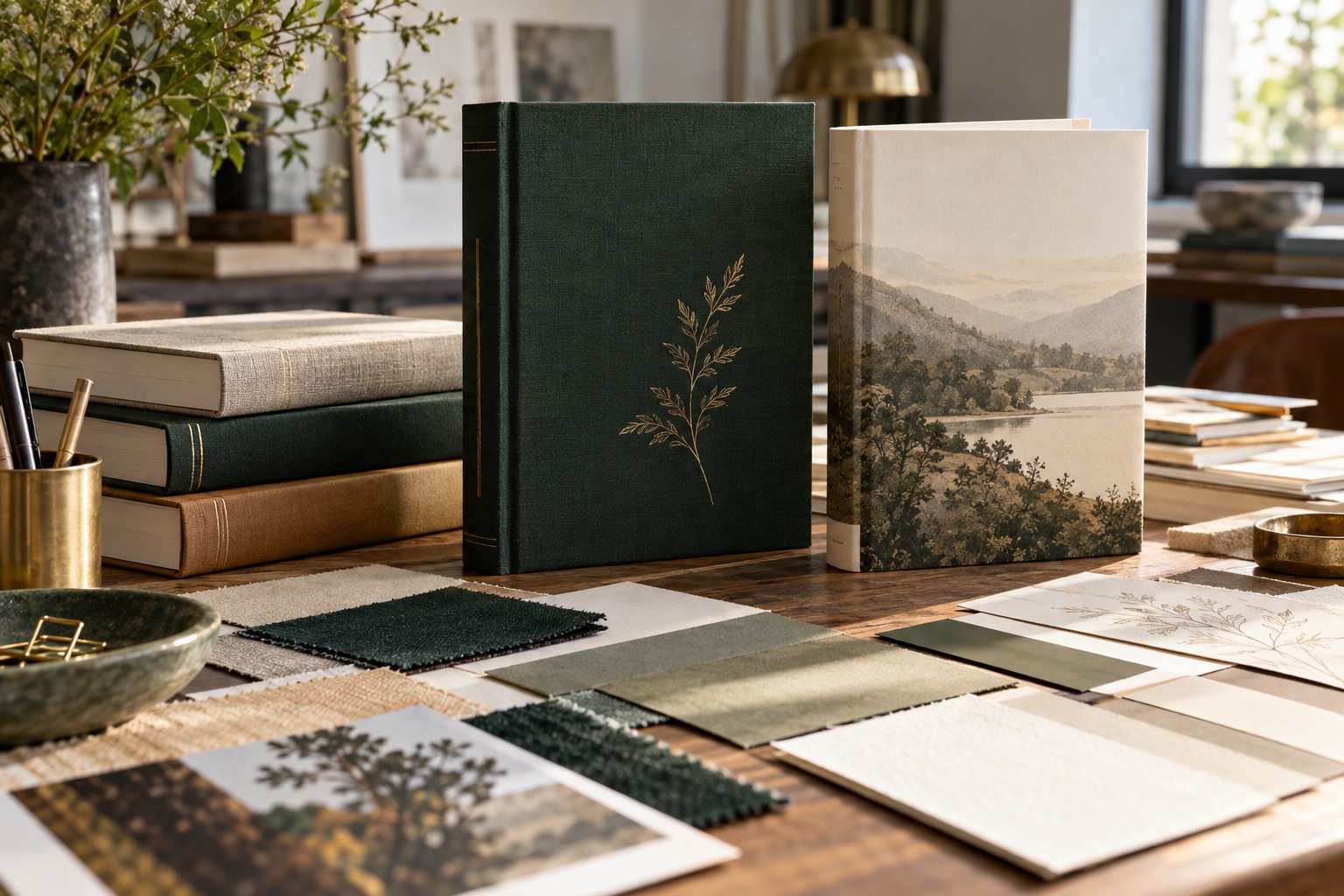 Clothbound books and material samples on a cover designer's table