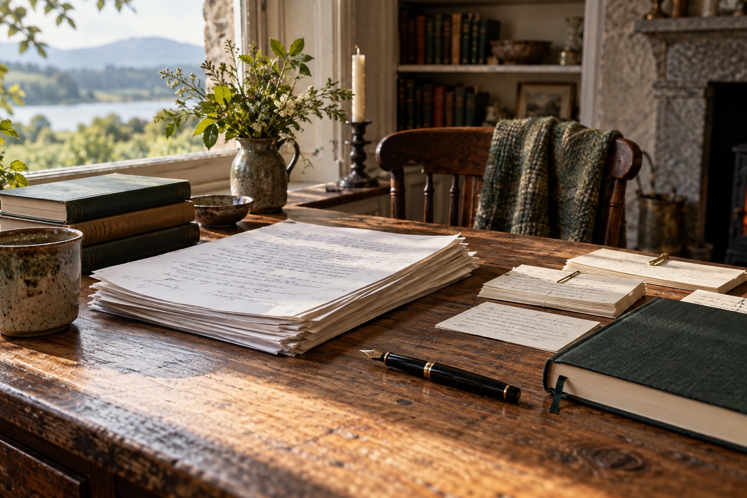 Manuscript pages, chapter notes and a notebook on a writer's desk