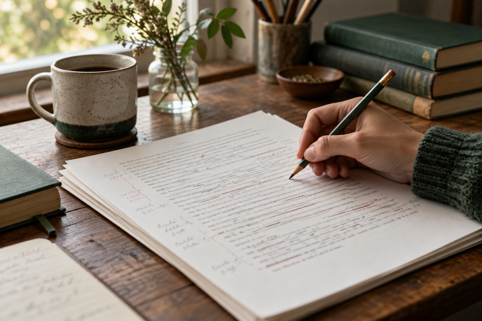 An editor marking a manuscript with a pencil at a wooden desk