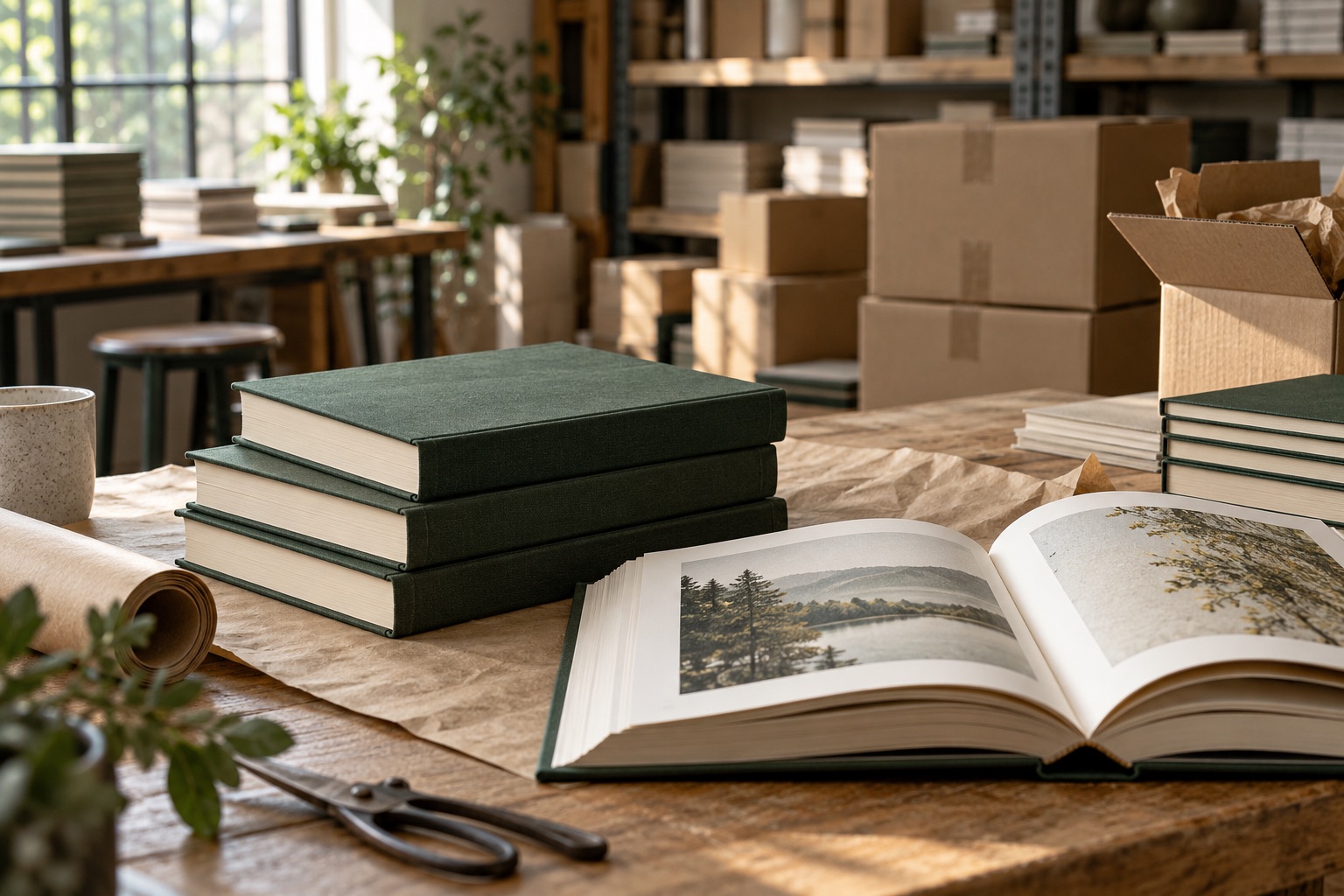 Finished books and packing materials in a small publishing studio